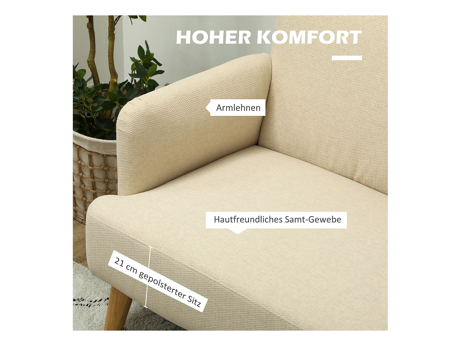 2-zitsbank, dik fluweel, houten poten, crème (130x74x79 cm)