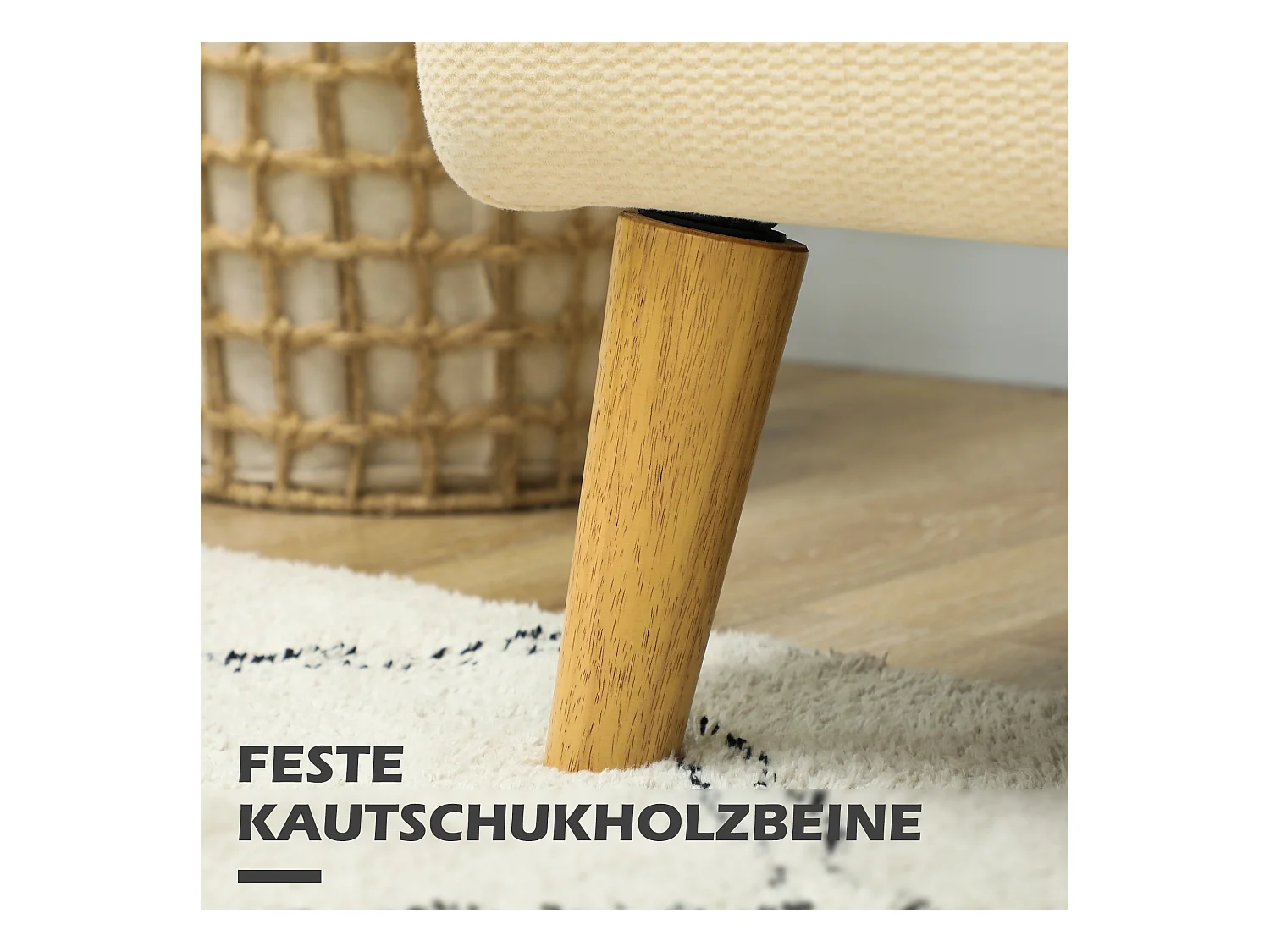 2-zitsbank, dik fluweel, houten poten, crème (130x74x79 cm)