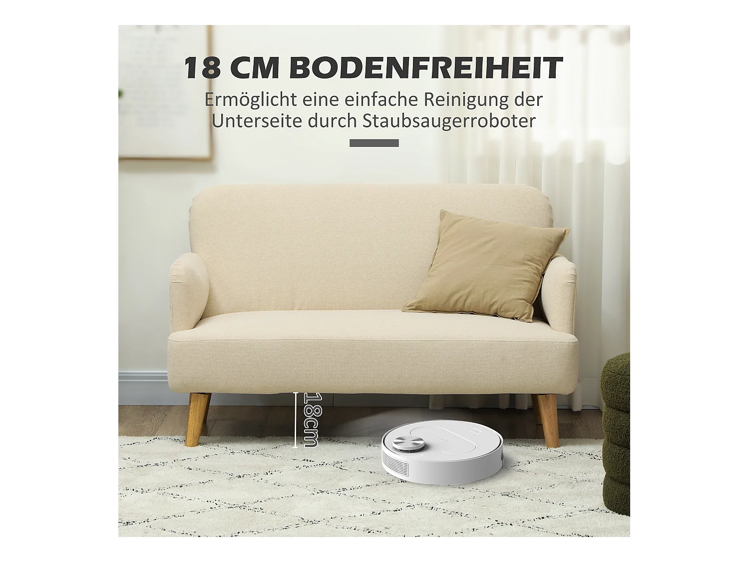 2-zitsbank, dik fluweel, houten poten, crème (130x74x79 cm)