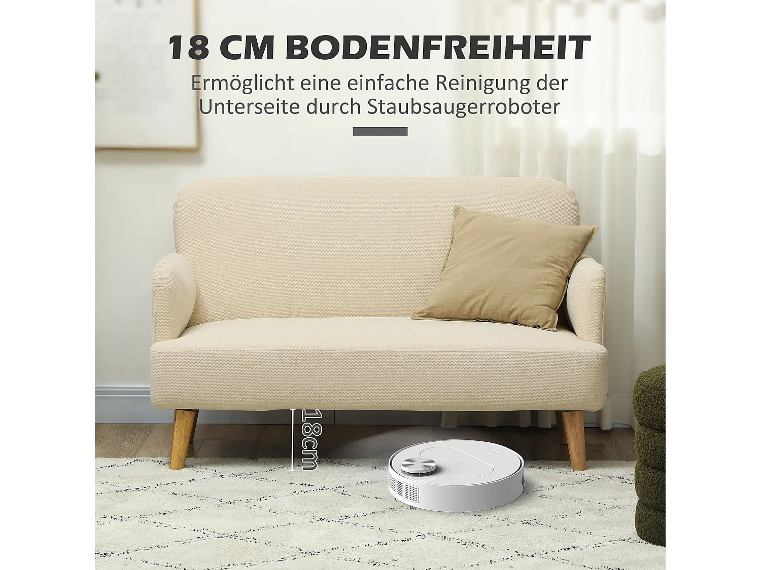 Canapé 2 places, velours épais, pieds en bois, crème (130x74x79 cm)