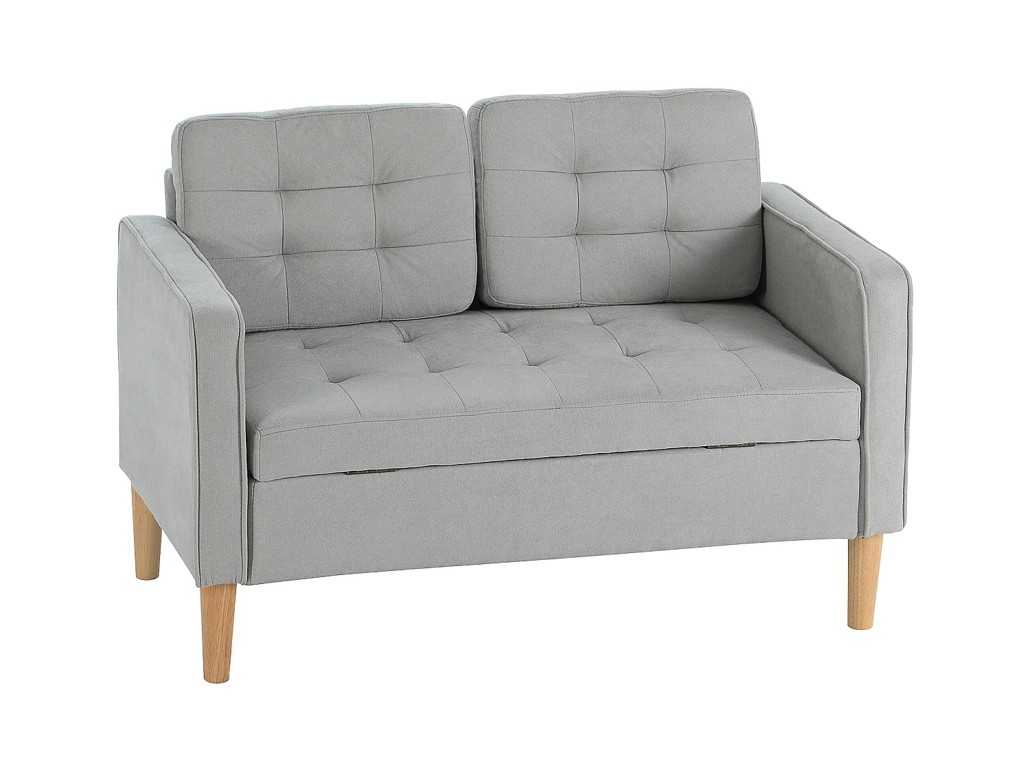 Canapé 2 places avec rangement, velours, gris clair, structure bois et pieds caoutchouc (117x62x78cm)