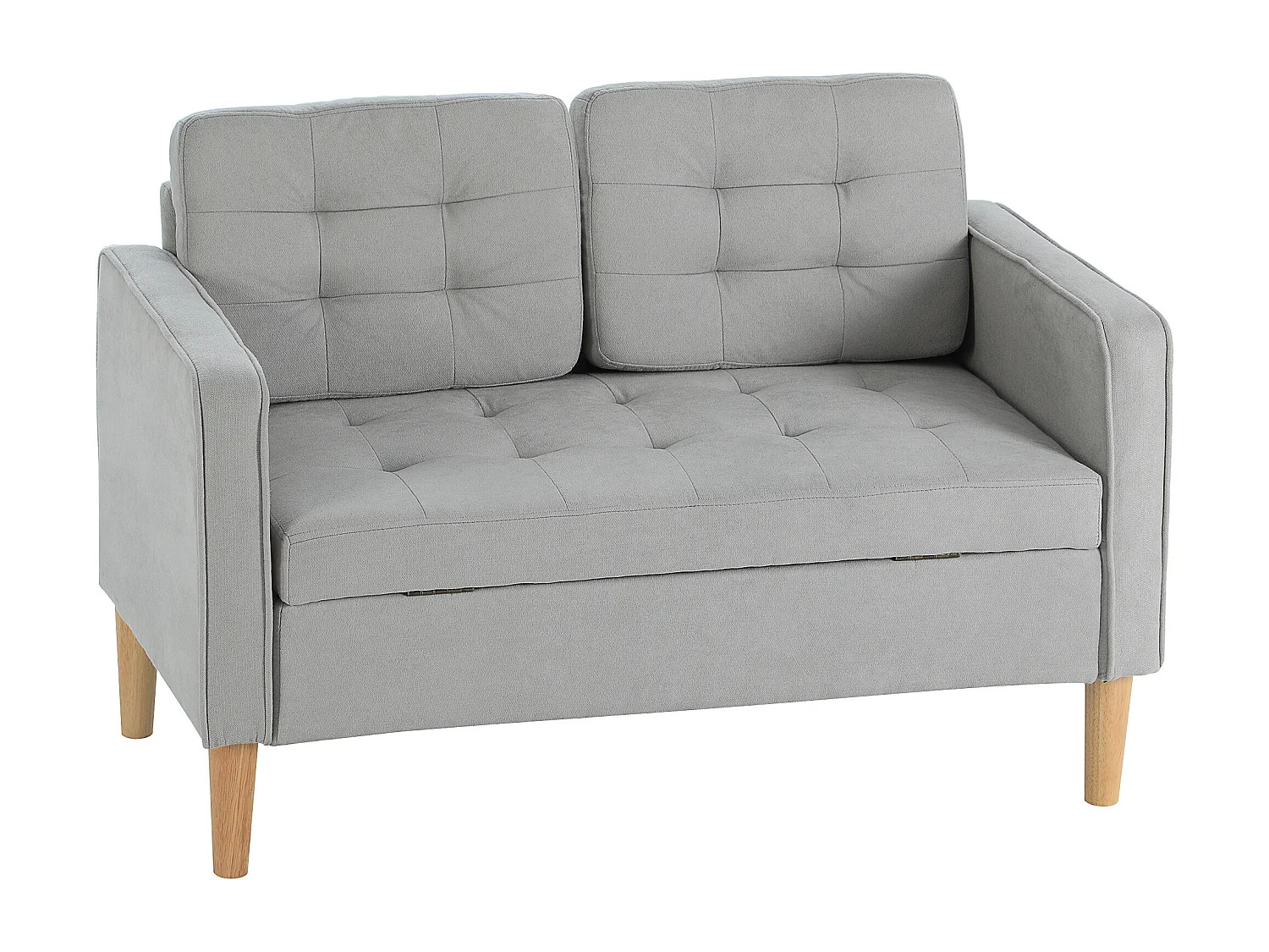 2-zitsbank met opbergruimte, fluweel, lichtgrijs, houten structuur en rubberen voetjes (117x62x78cm)