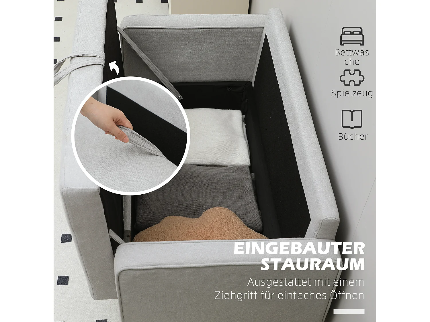 2-zitsbank met opbergruimte, fluweel, lichtgrijs, houten structuur en rubberen voetjes (117x62x78cm)