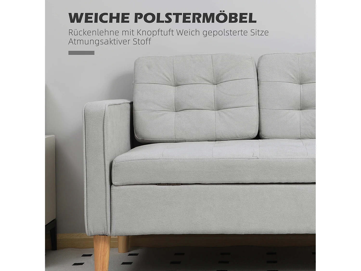 2-zitsbank met opbergruimte, fluweel, lichtgrijs, houten structuur en rubberen voetjes (117x62x78cm)