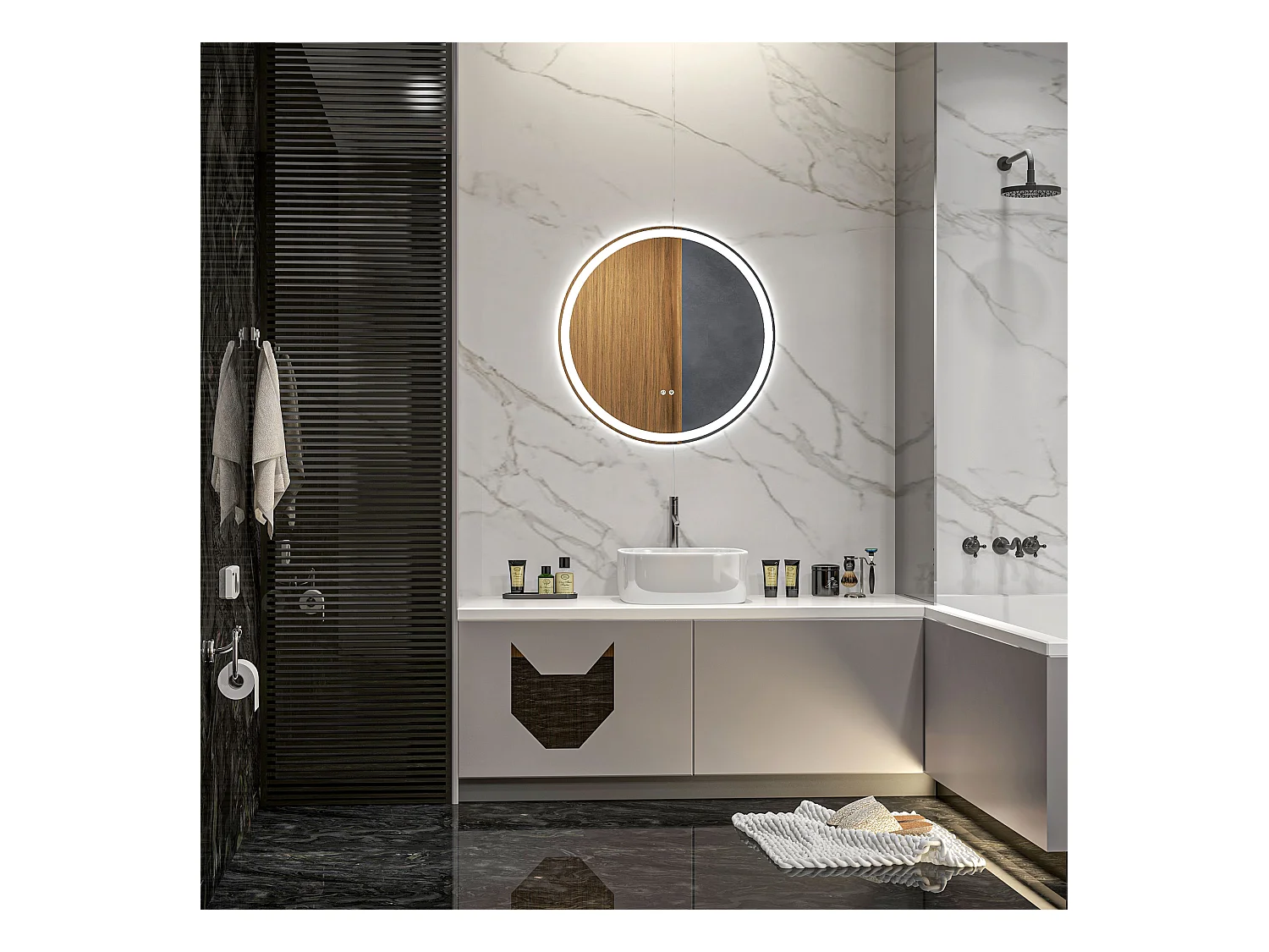 Miroir de salle de bain LED, fonction tactile, anti-buée, cadre en aluminium, blanc (Ø60x3 cm)