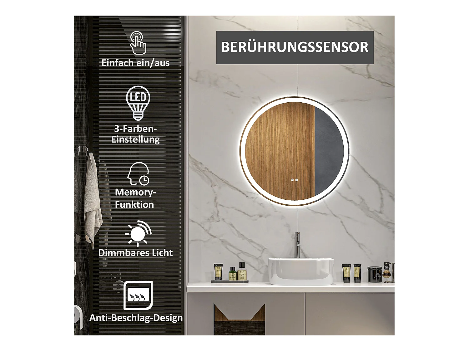 Miroir de salle de bain LED, fonction tactile, anti-buée, cadre en aluminium, blanc (Ø60x3 cm)