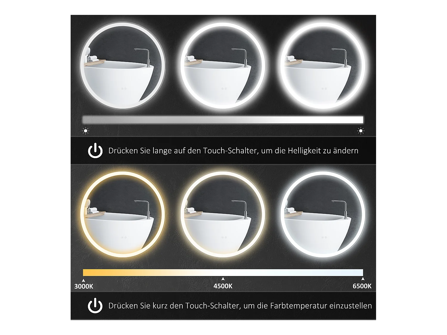 Miroir de salle de bain LED, fonction tactile, anti-buée, cadre en aluminium, blanc (Ø60x3 cm)
