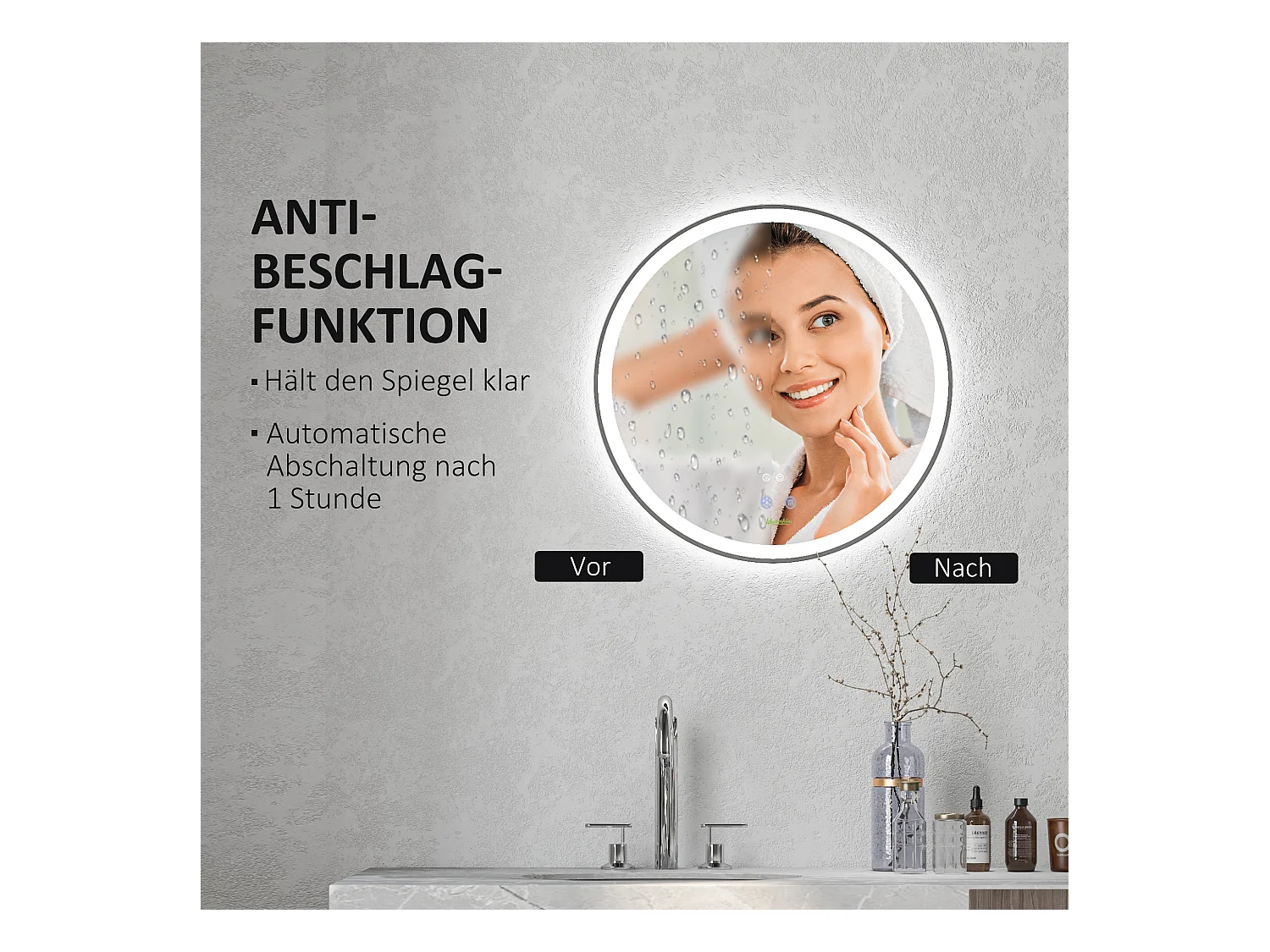 Miroir de salle de bain LED, fonction tactile, anti-buée, cadre en aluminium, blanc (Ø60x3 cm)