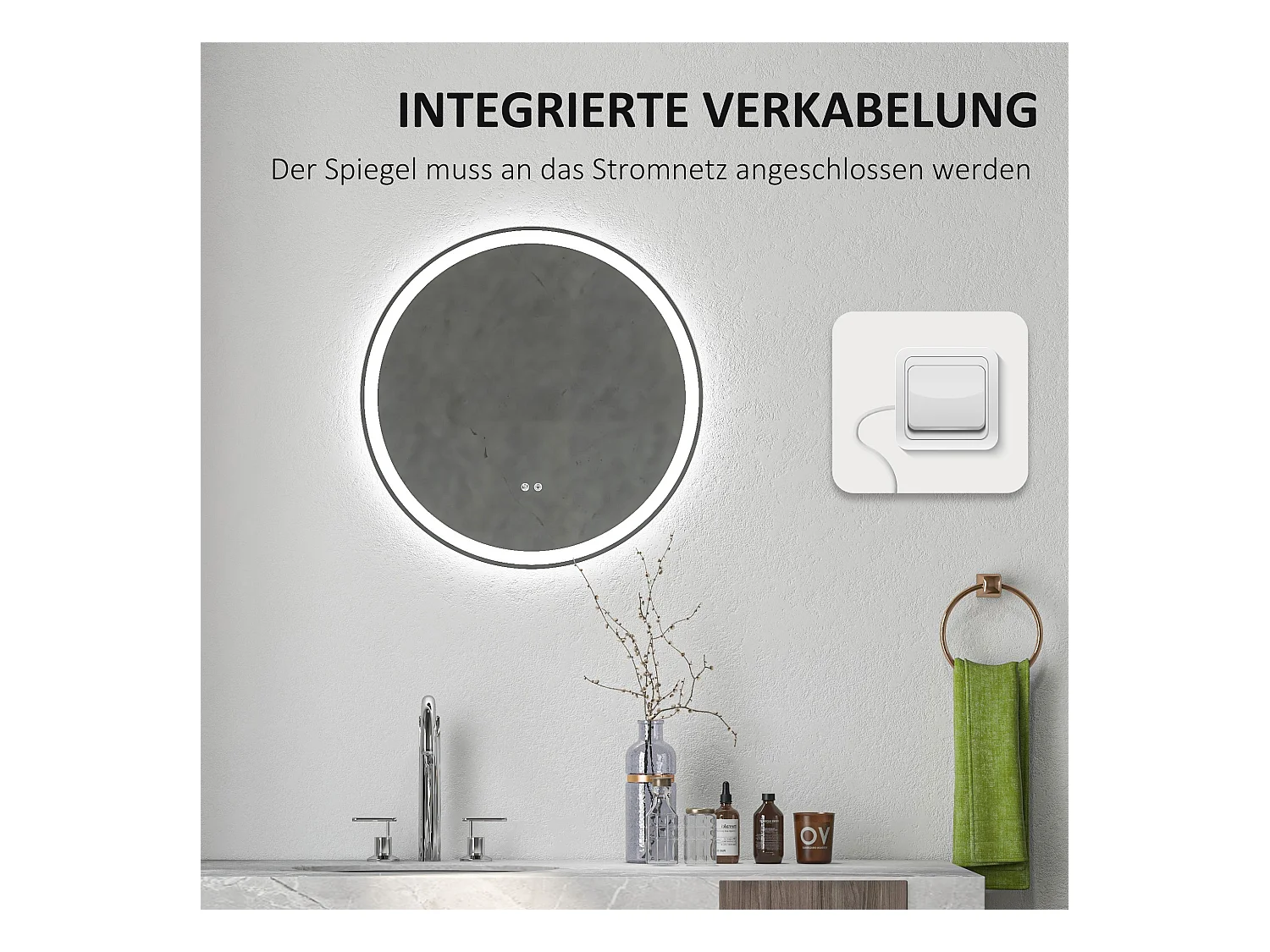 Miroir de salle de bain LED, fonction tactile, anti-buée, cadre en aluminium, blanc (Ø60x3 cm)