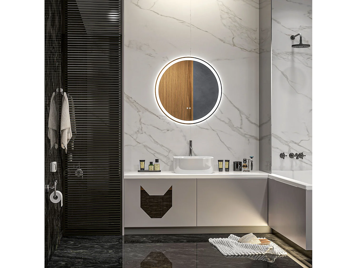 Miroir de salle de bain LED, fonction tactile, anti-buée, cadre en aluminium, blanc (Ø60x3 cm)