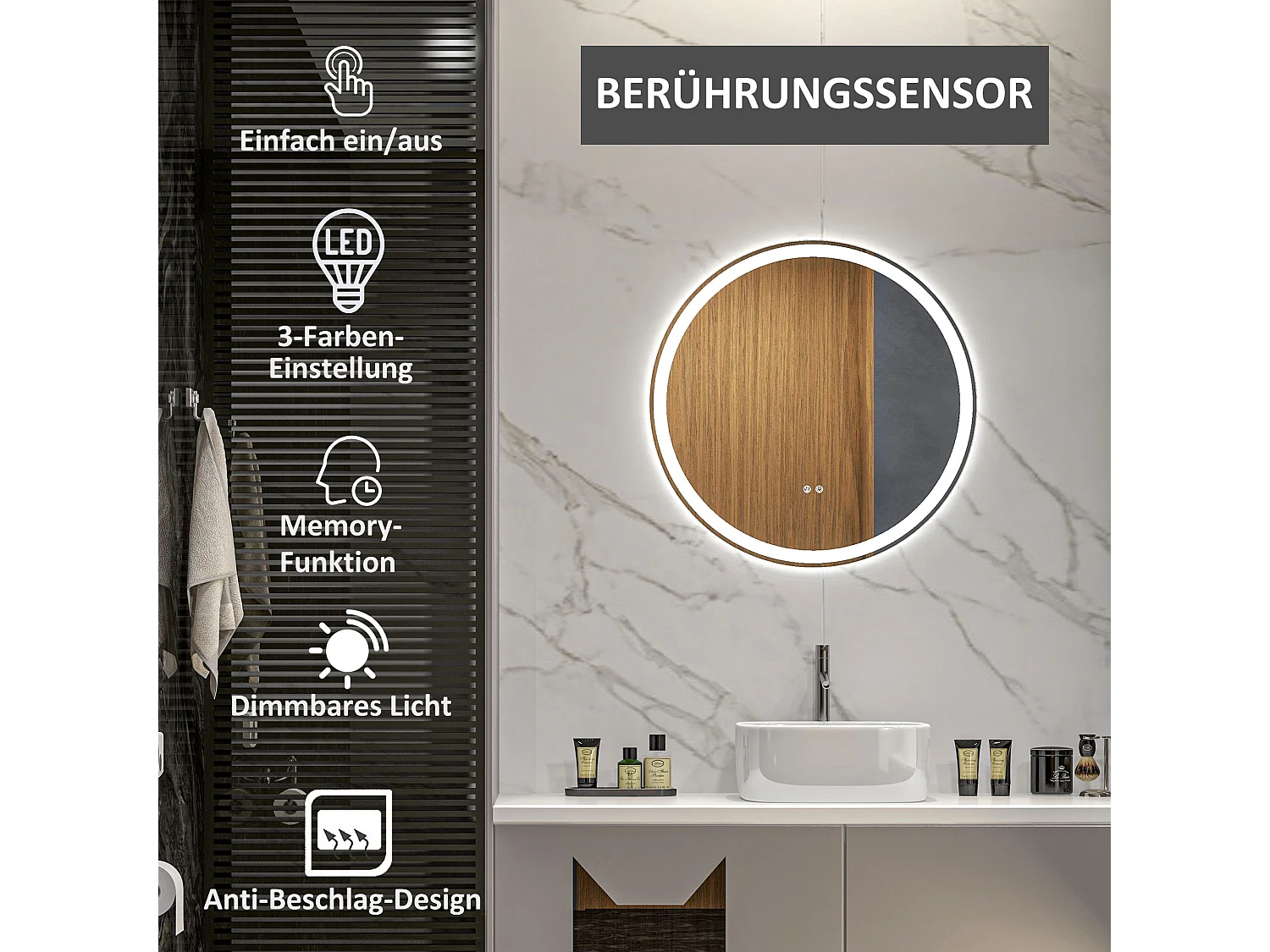 Miroir de salle de bain LED, fonction tactile, anti-buée, cadre en aluminium, blanc (Ø60x3 cm)