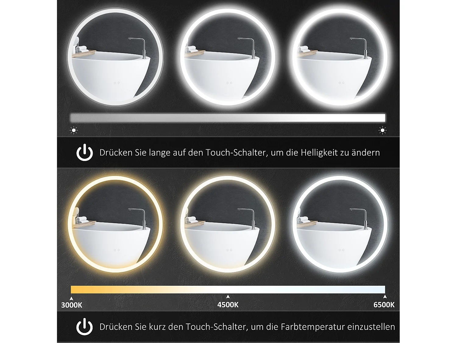 Miroir de salle de bain LED, fonction tactile, anti-buée, cadre en aluminium, blanc (Ø60x3 cm)