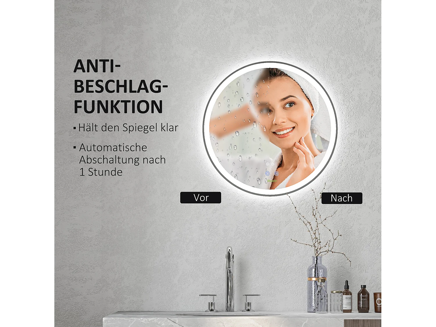 Miroir de salle de bain LED, fonction tactile, anti-buée, cadre en aluminium, blanc (Ø60x3 cm)