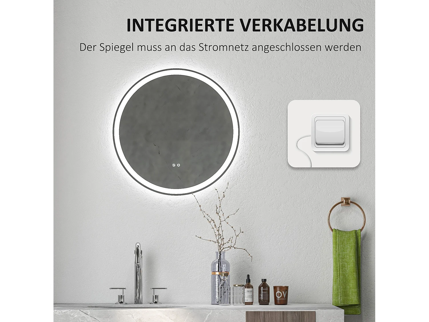 Miroir de salle de bain LED, fonction tactile, anti-buée, cadre en aluminium, blanc (Ø60x3 cm)