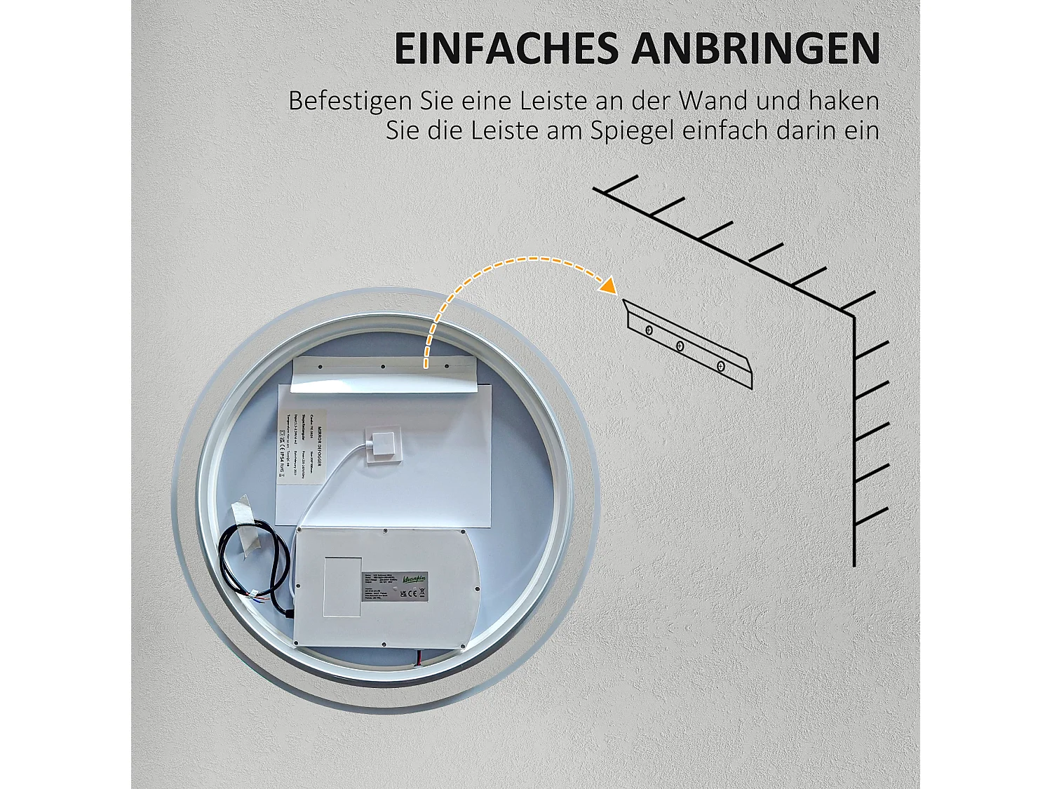 Miroir de salle de bain LED, fonction tactile, anti-buée, cadre en aluminium, blanc (Ø60x3 cm)