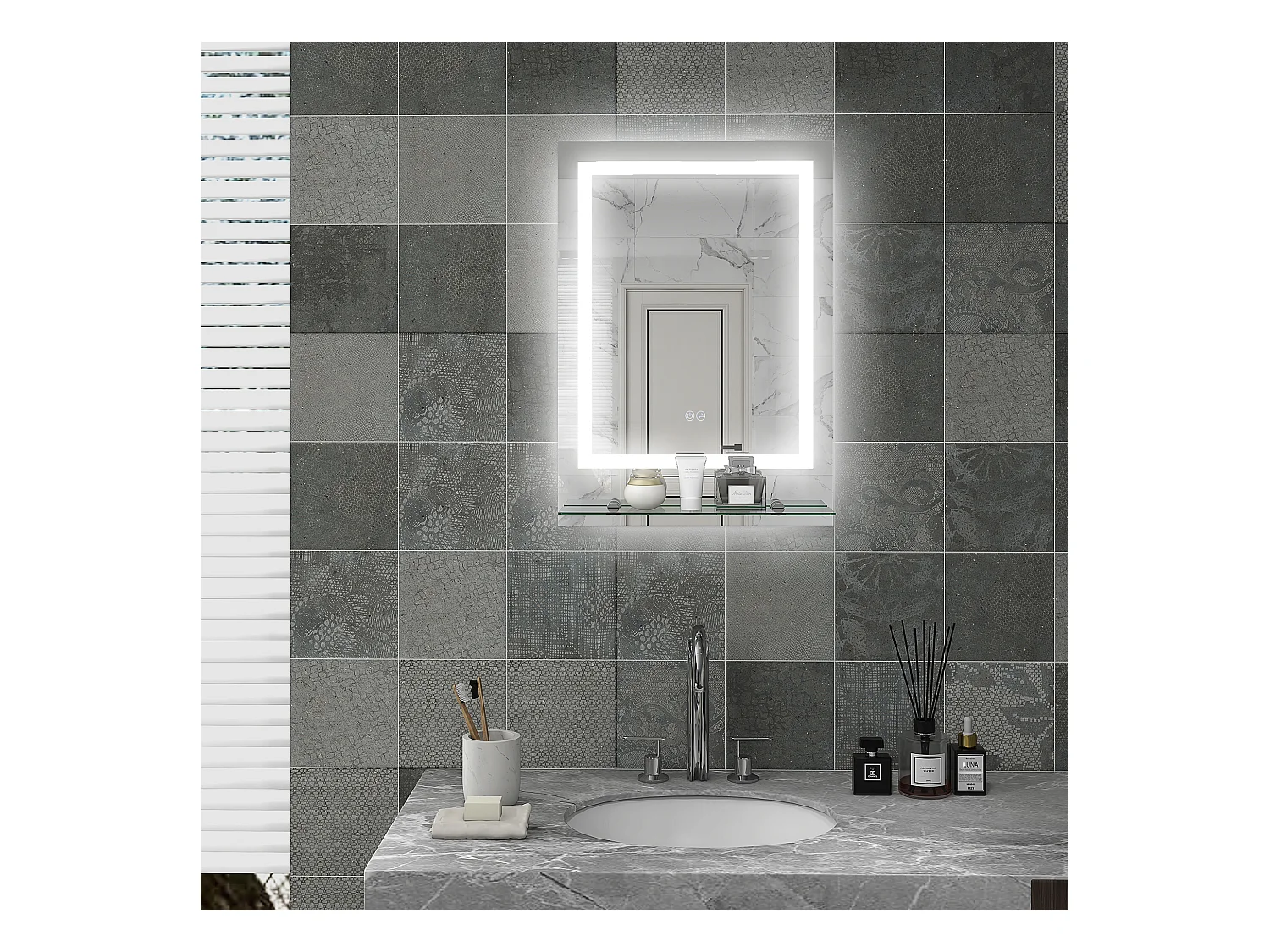 Miroir de salle de bain avec éclairage, anti-buée, 3 couleurs, verre, transparent (70x50x2.7 cm)