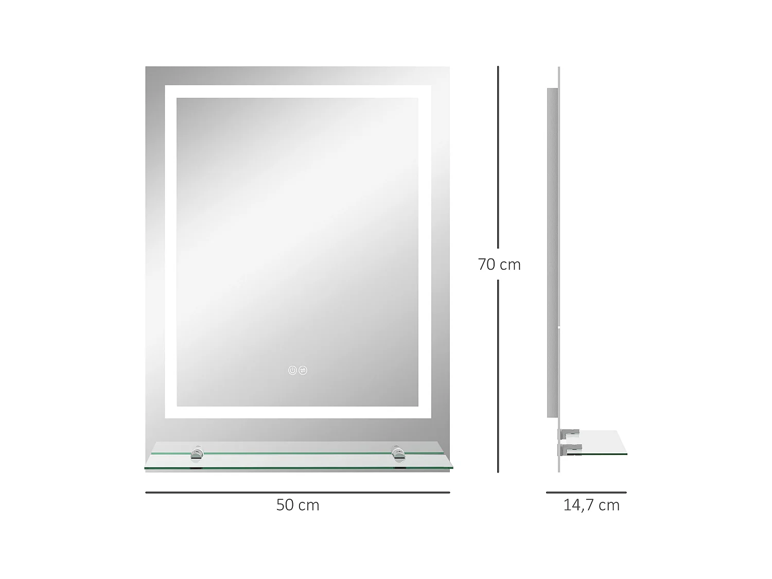 Miroir de salle de bain avec éclairage, anti-buée, 3 couleurs, verre, transparent (70x50x2.7 cm)