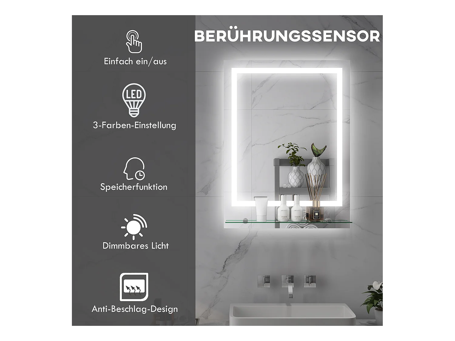 Miroir de salle de bain avec éclairage, anti-buée, 3 couleurs, verre, transparent (70x50x2.7 cm)