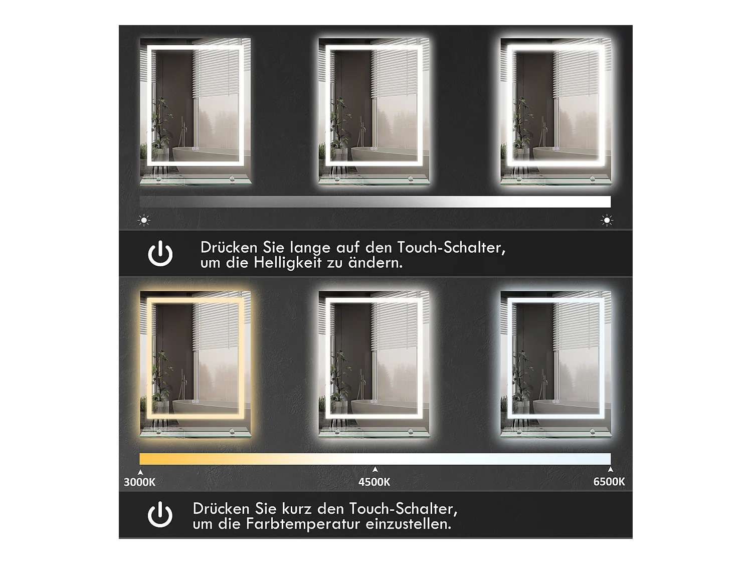 Miroir de salle de bain avec éclairage, anti-buée, 3 couleurs, verre, transparent (70x50x2.7 cm)