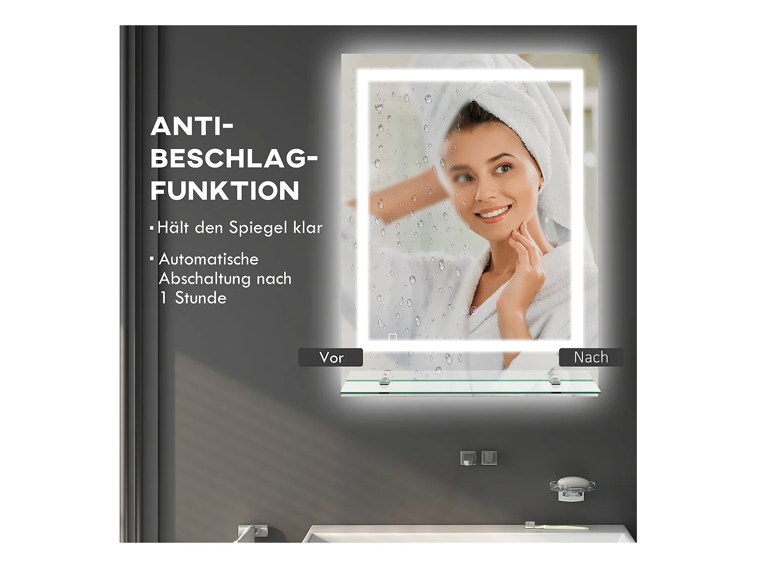 Miroir de salle de bain avec éclairage, anti-buée, 3 couleurs, verre, transparent (70x50x2.7 cm)