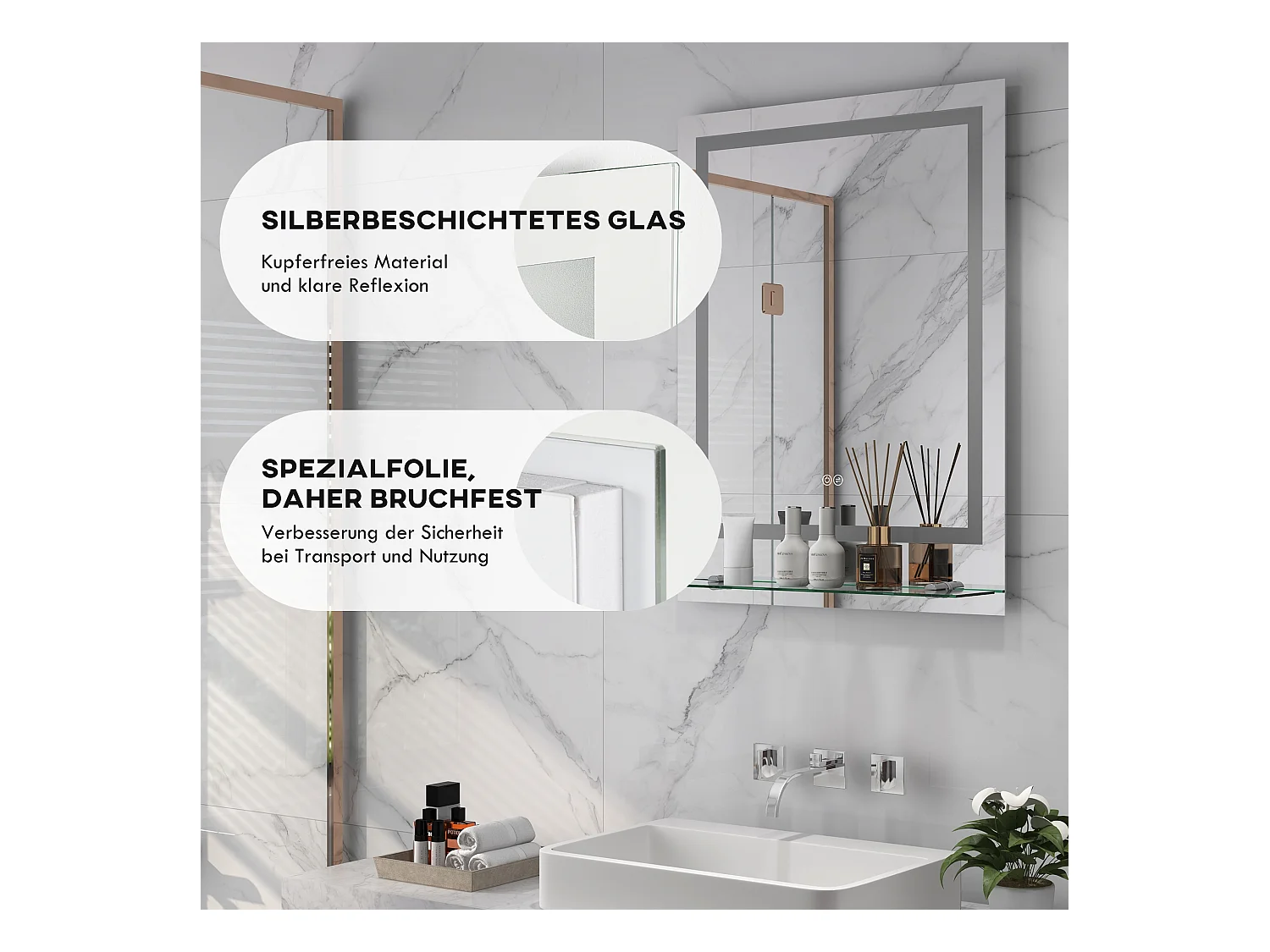 Miroir de salle de bain avec éclairage, anti-buée, 3 couleurs, verre, transparent (70x50x2.7 cm)