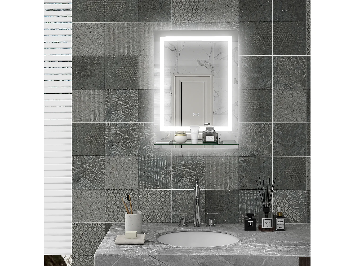 Miroir de salle de bain avec éclairage, anti-buée, 3 couleurs, verre, transparent (70x50x2.7 cm)