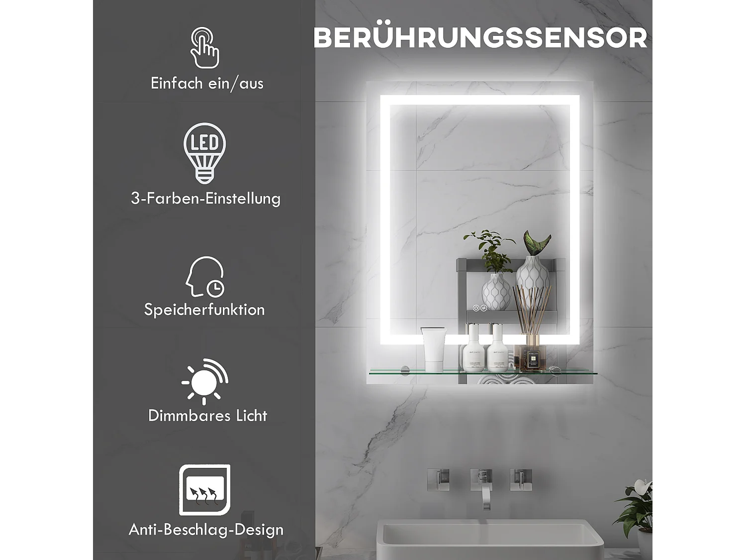 Miroir de salle de bain avec éclairage, anti-buée, 3 couleurs, verre, transparent (70x50x2.7 cm)