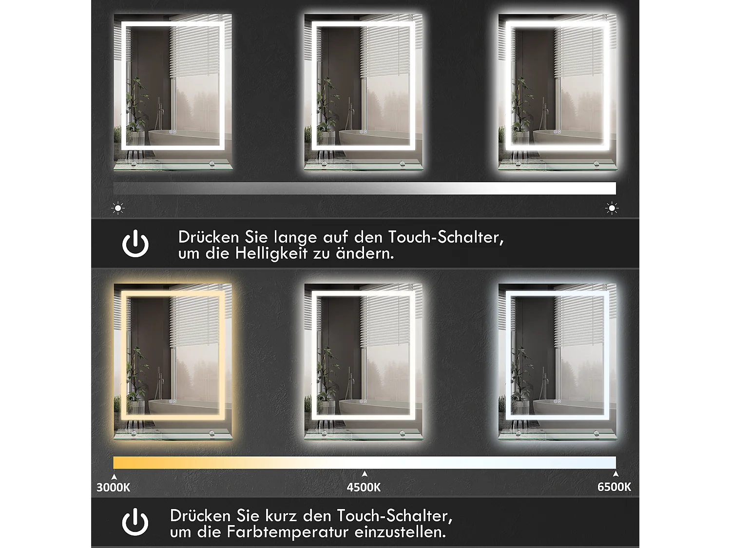 Miroir de salle de bain avec éclairage, anti-buée, 3 couleurs, verre, transparent (70x50x2.7 cm)