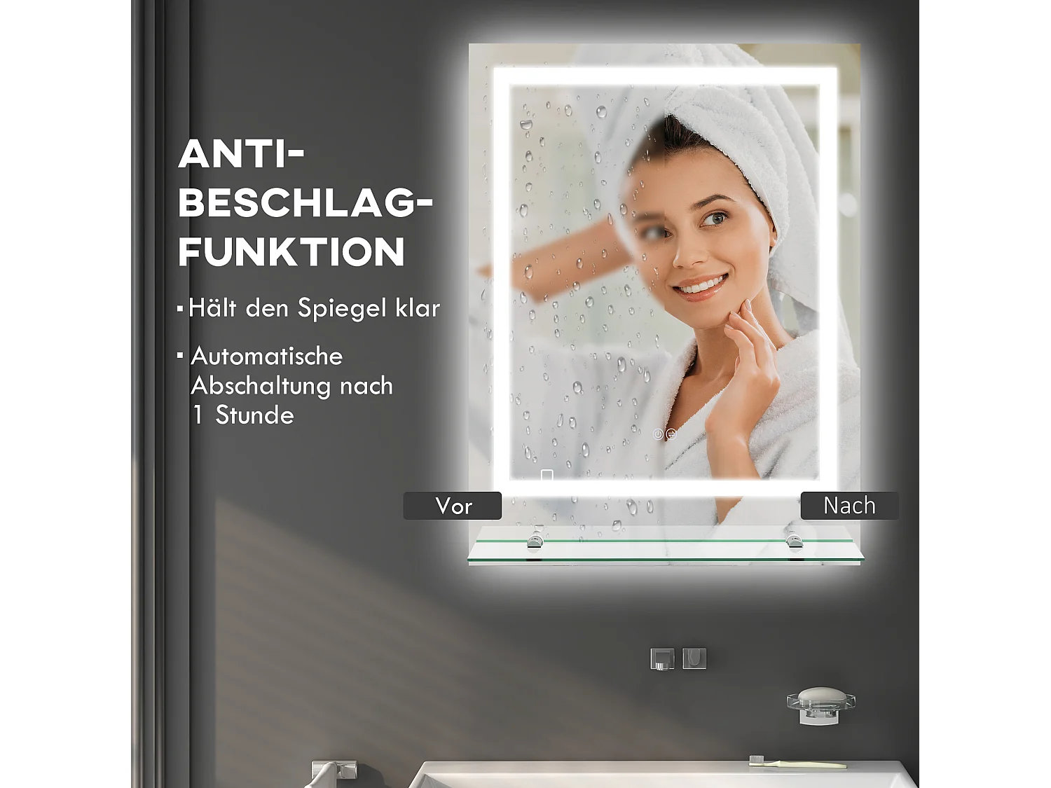 Miroir de salle de bain avec éclairage, anti-buée, 3 couleurs, verre, transparent (70x50x2.7 cm)