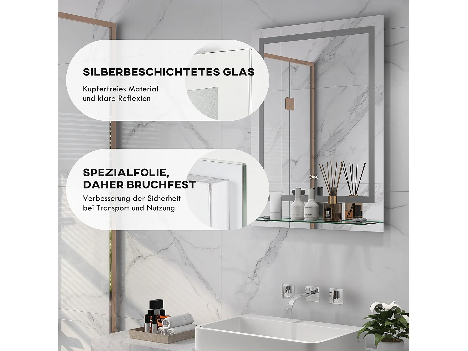 Miroir de salle de bain avec éclairage, anti-buée, 3 couleurs, verre, transparent (70x50x2.7 cm)