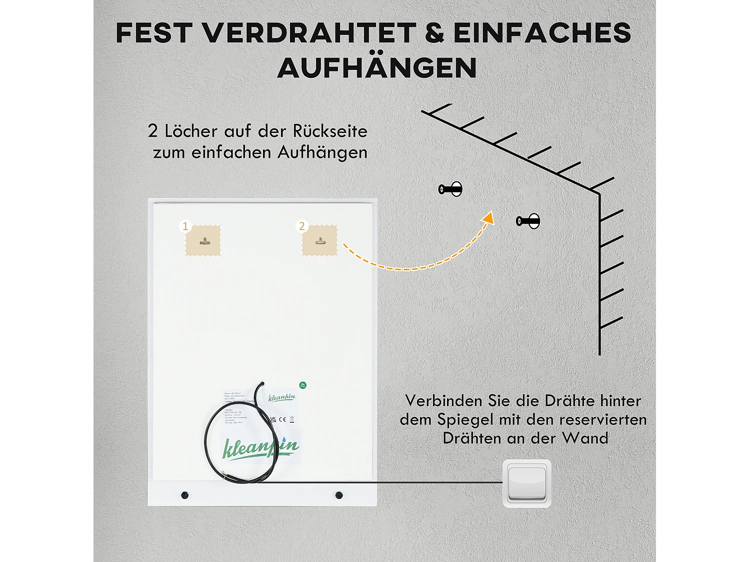 Miroir de salle de bain avec éclairage, anti-buée, 3 couleurs, verre, transparent (70x50x2.7 cm)