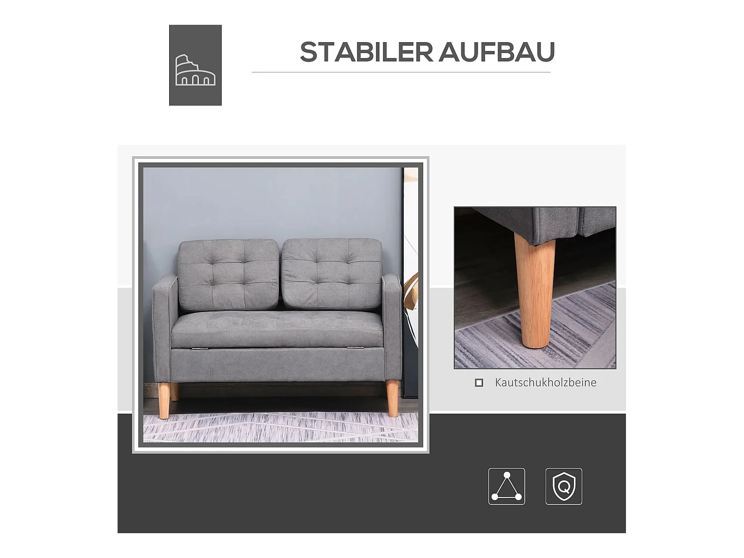 Canapé 2 places en tissu avec coussins amovibles, bois de caoutchouc, gris (117x62x78 cm)