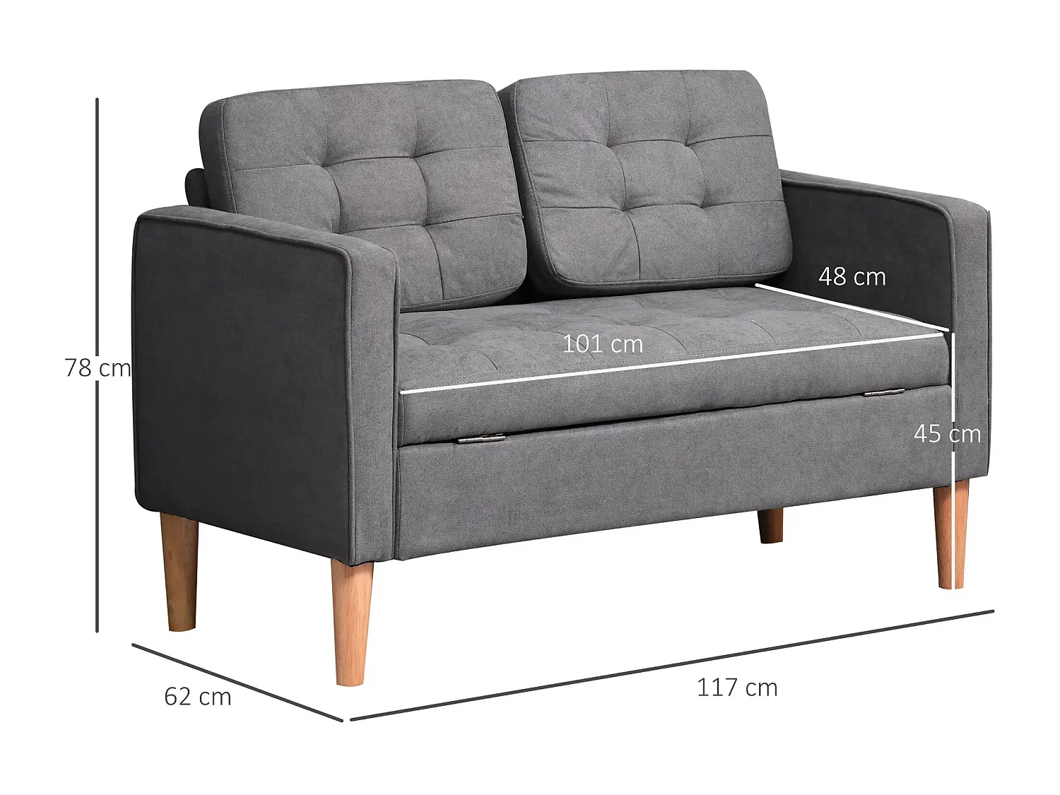 Canapé 2 places en tissu avec coussins amovibles, bois de caoutchouc, gris (117x62x78 cm)