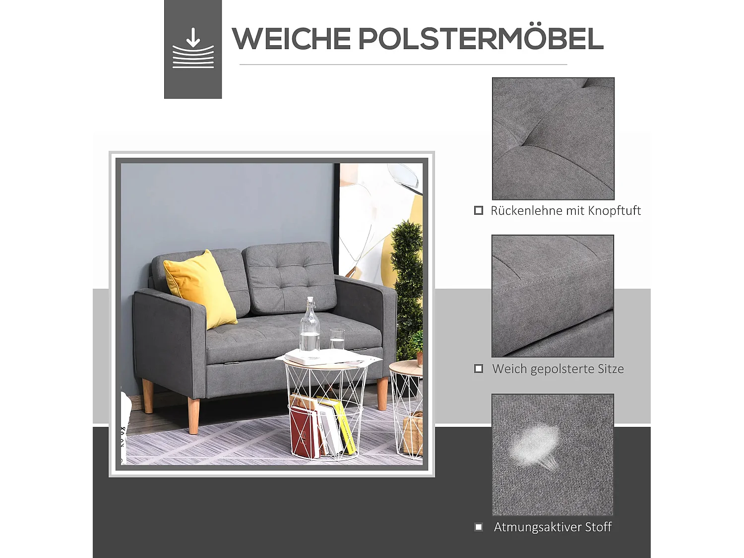 Canapé 2 places en tissu avec coussins amovibles, bois de caoutchouc, gris (117x62x78 cm)