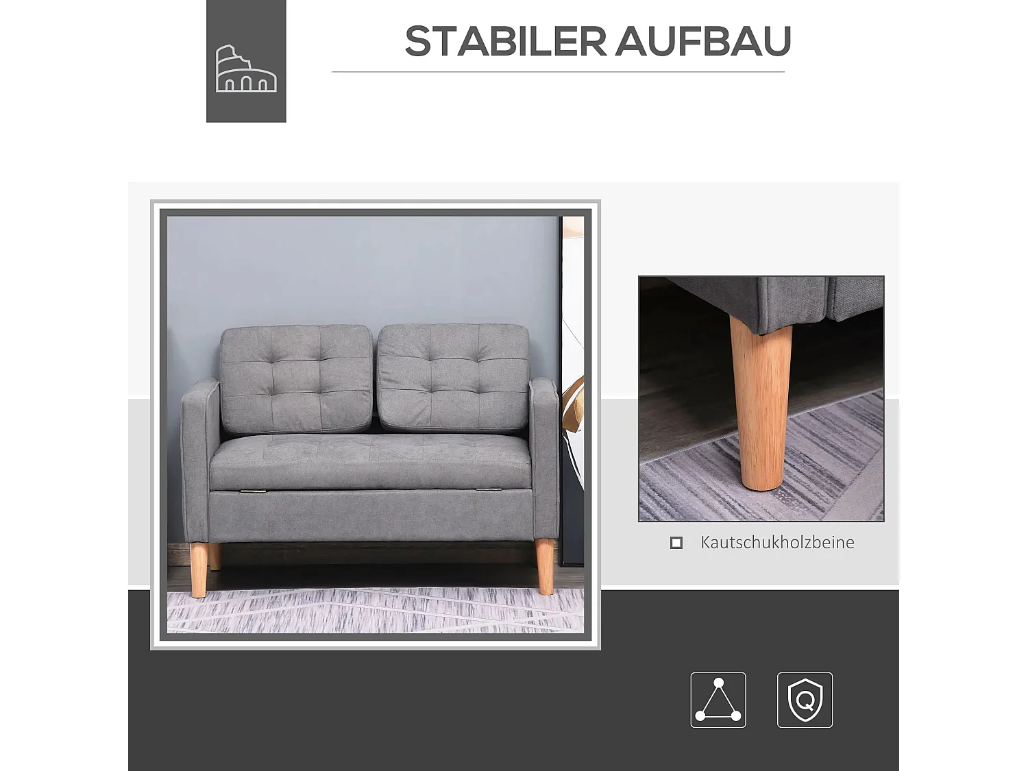 Canapé 2 places en tissu avec coussins amovibles, bois de caoutchouc, gris (117x62x78 cm)