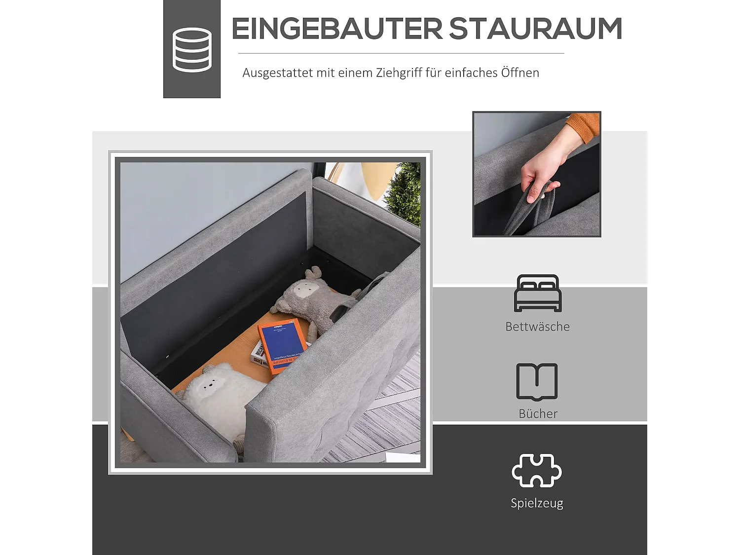 Canapé 2 places en tissu avec coussins amovibles, bois de caoutchouc, gris (117x62x78 cm)