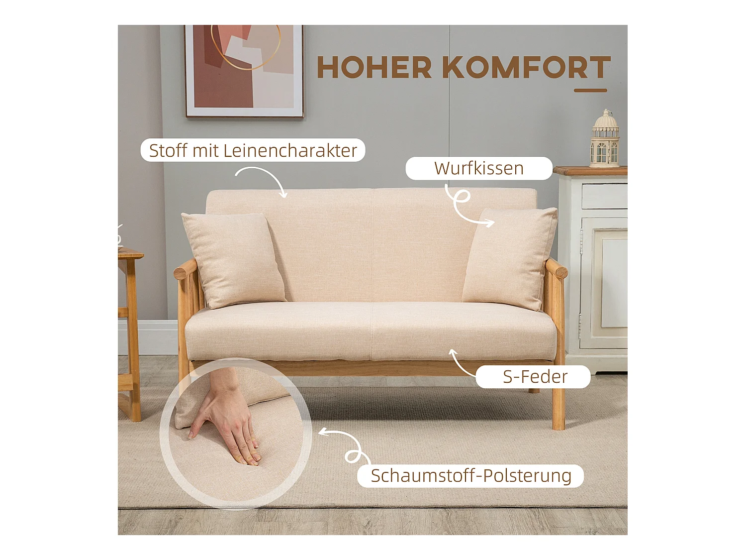 Canapé 2 places avec coussins lombaires, structure bois massif, tissu lin beige (123x69x74cm)