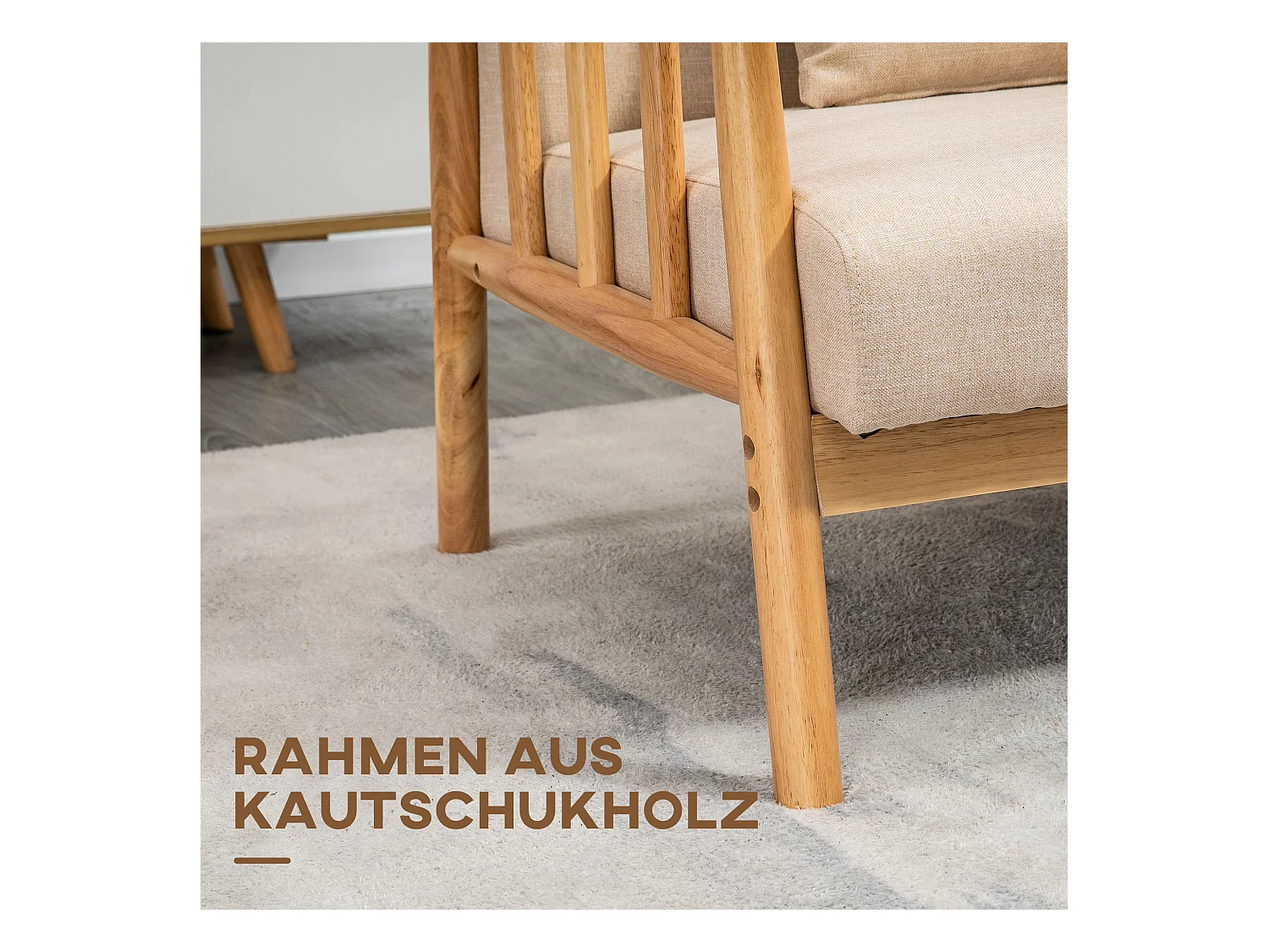 Canapé 2 places avec coussins lombaires, structure bois massif, tissu lin beige (123x69x74cm)