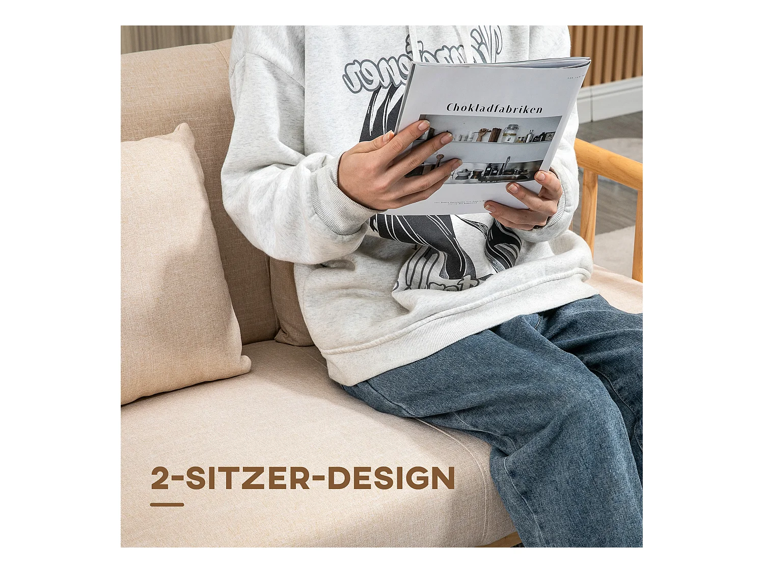 Canapé 2 places avec coussins lombaires, structure bois massif, tissu lin beige (123x69x74cm)