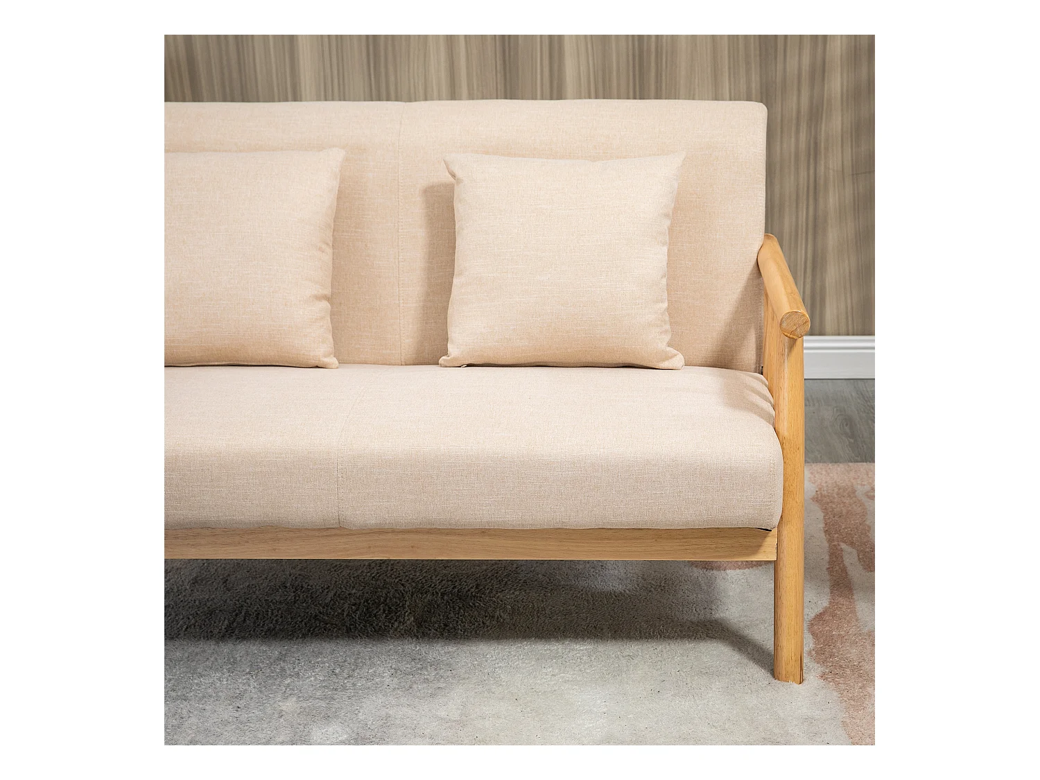 Canapé 2 places avec coussins lombaires, structure bois massif, tissu lin beige (123x69x74cm)