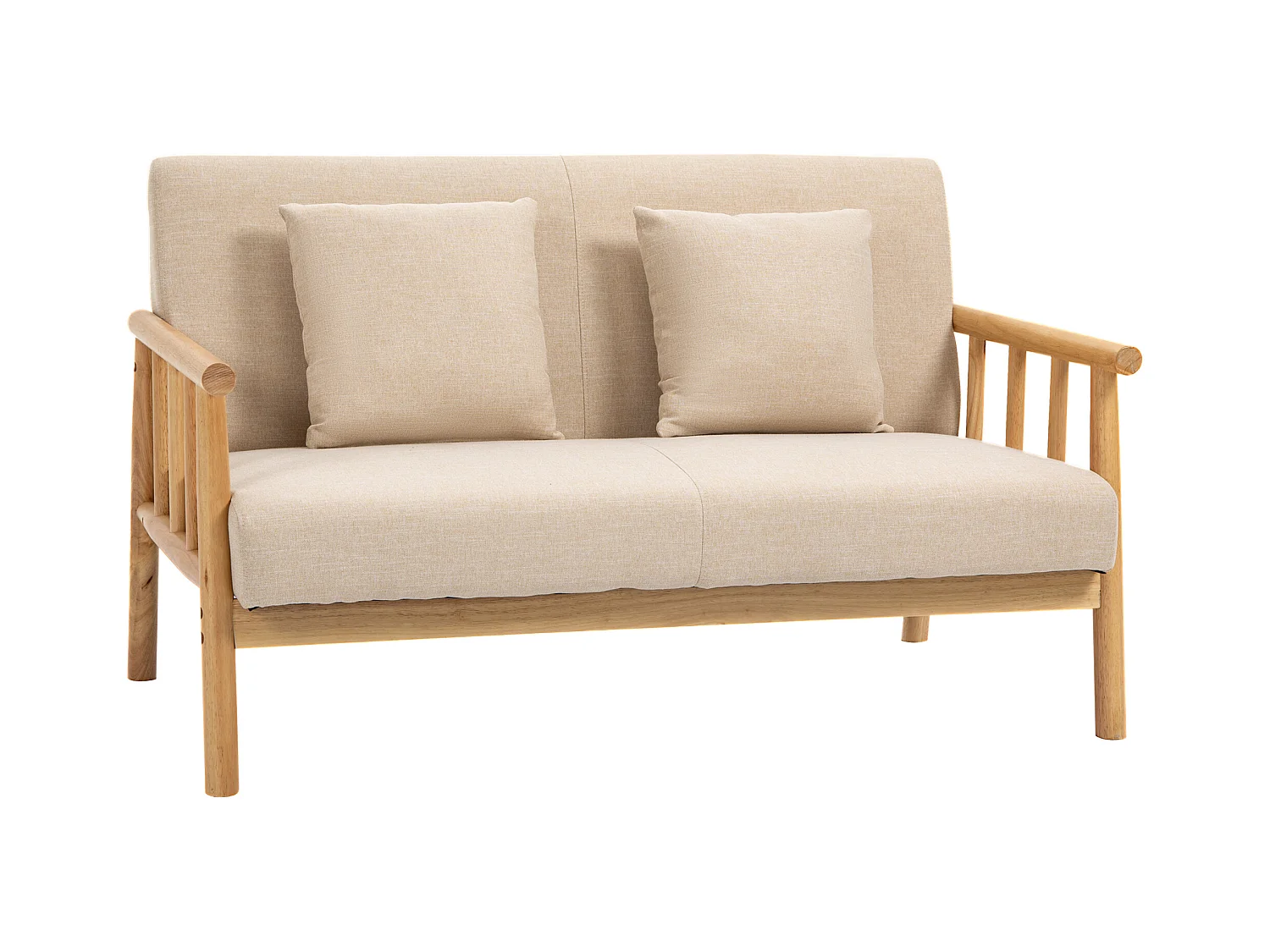 Canapé 2 places avec coussins lombaires, structure bois massif, tissu lin beige (123x69x74cm)
