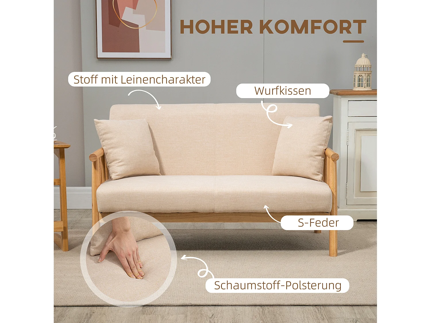 Canapé 2 places avec coussins lombaires, structure bois massif, tissu lin beige (123x69x74cm)