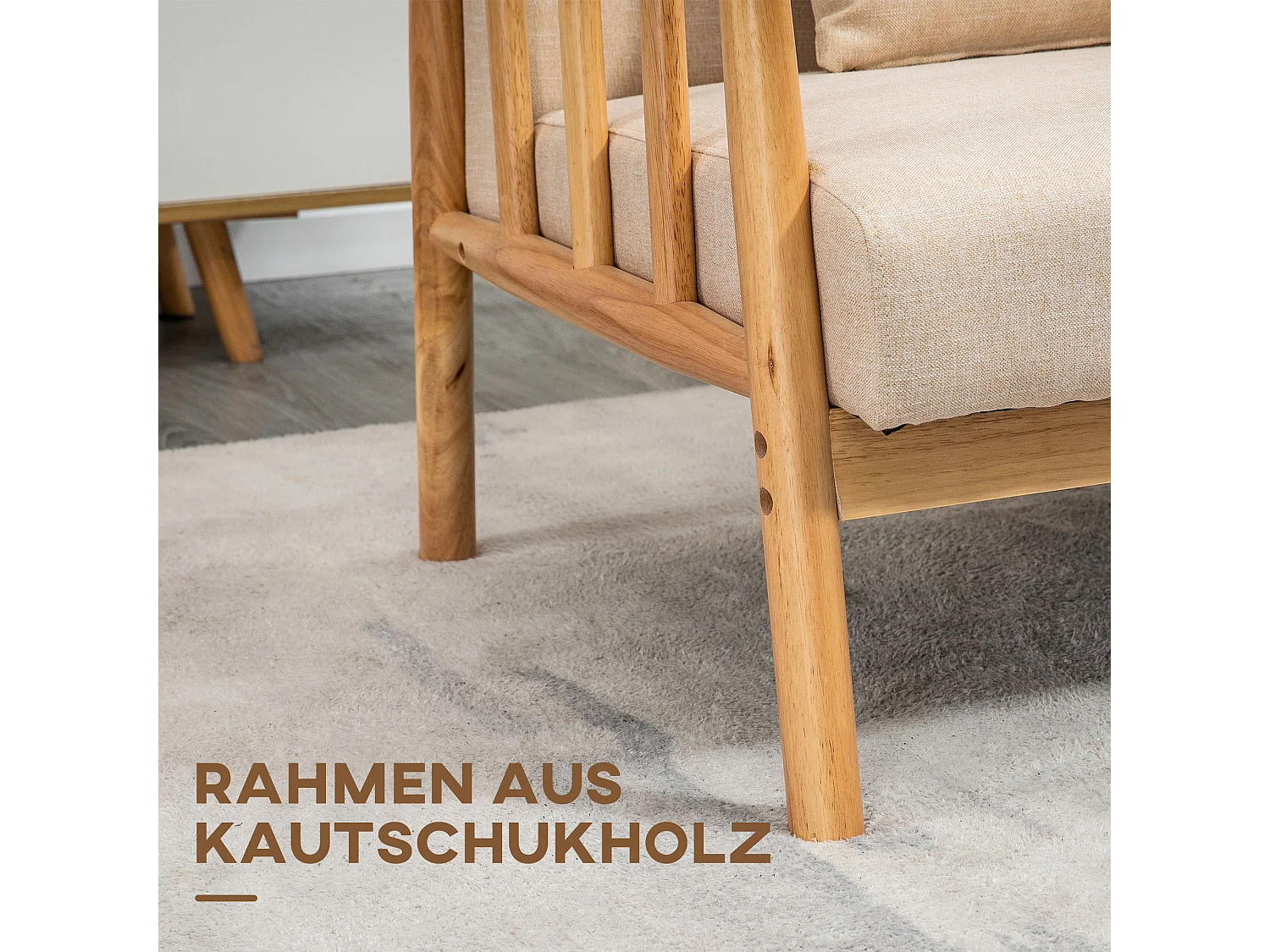 Canapé 2 places avec coussins lombaires, structure bois massif, tissu lin beige (123x69x74cm)