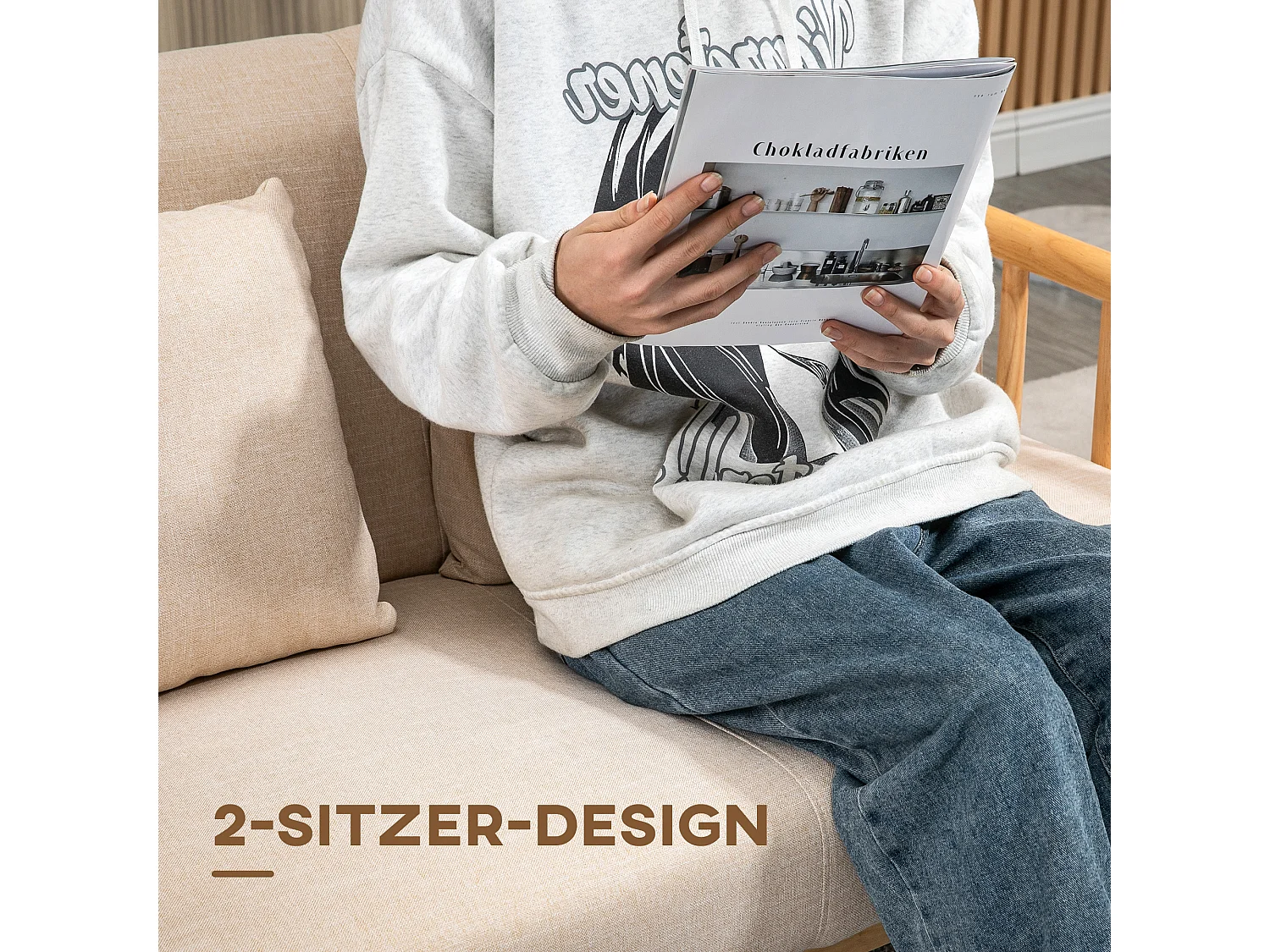 Canapé 2 places avec coussins lombaires, structure bois massif, tissu lin beige (123x69x74cm)