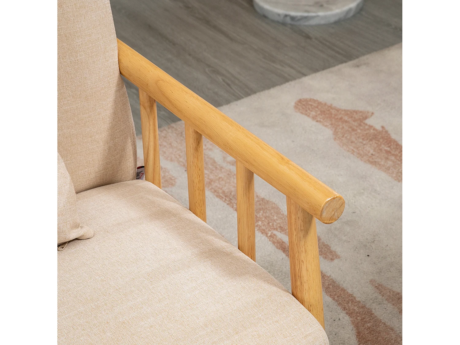 Canapé 2 places avec coussins lombaires, structure bois massif, tissu lin beige (123x69x74cm)