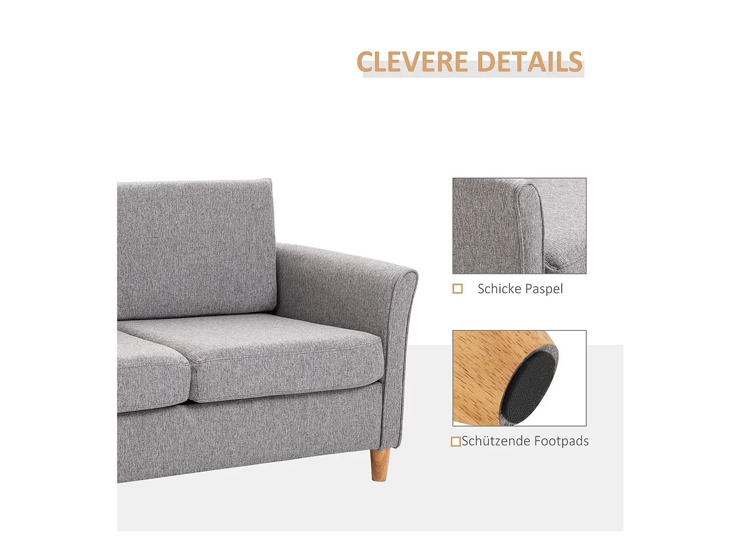 Canapé 2 places avec coussins amovibles, tissu lin, gris clair (141x65x78 cm)