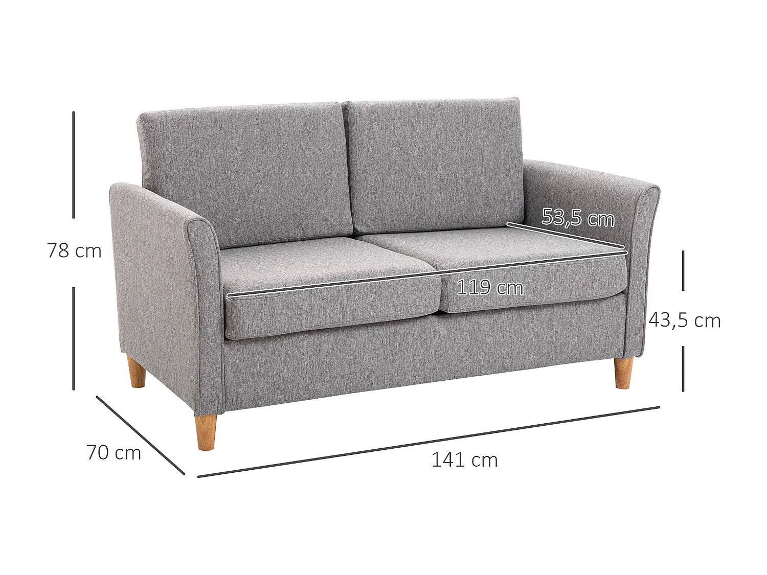 Divano a 2 posti con cuscini sfoderabili, tessuto di lino, grigio chiaro (141x65x78 cm)