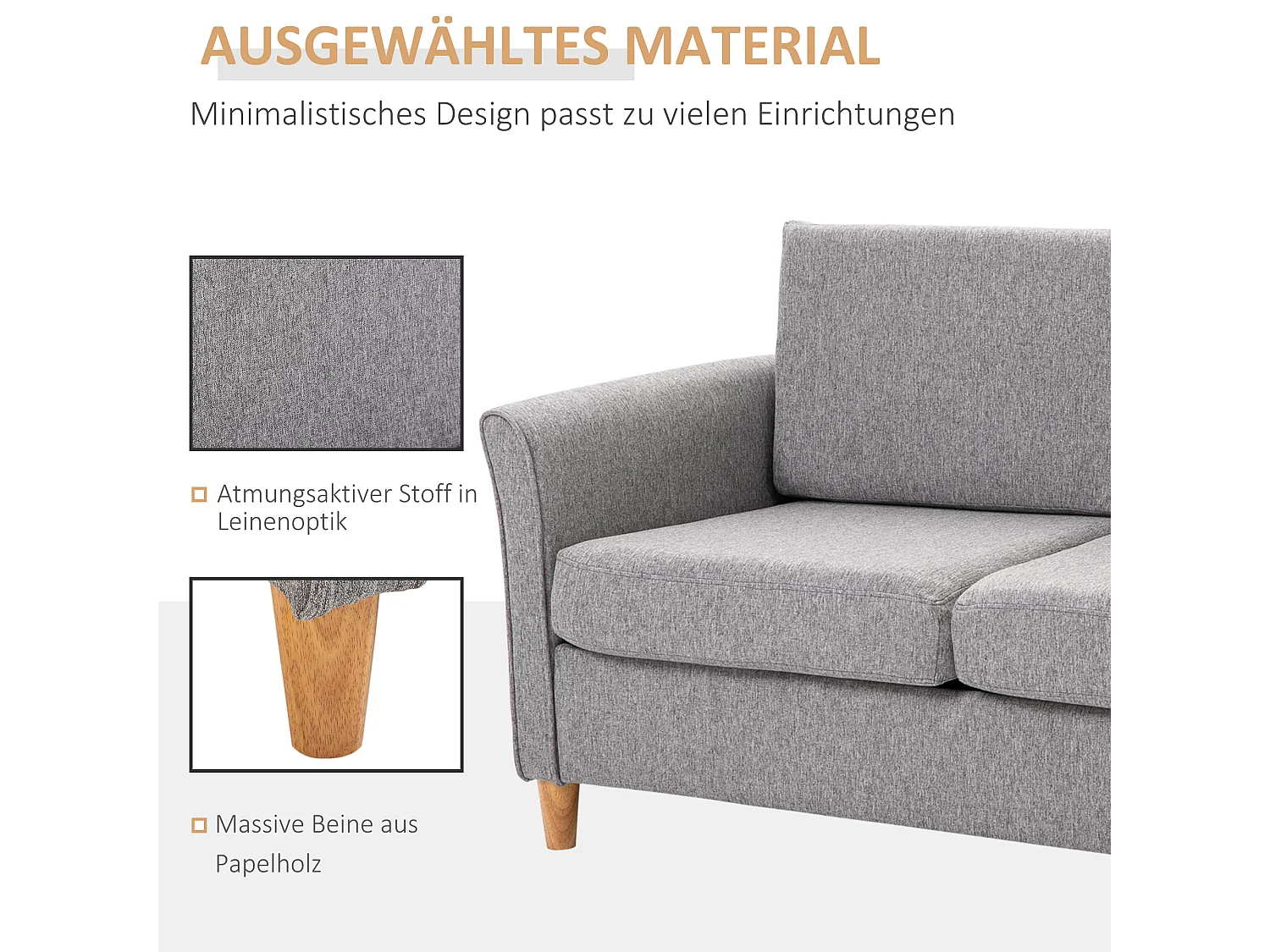 Divano a 2 posti con cuscini sfoderabili, tessuto di lino, grigio chiaro (141x65x78 cm)