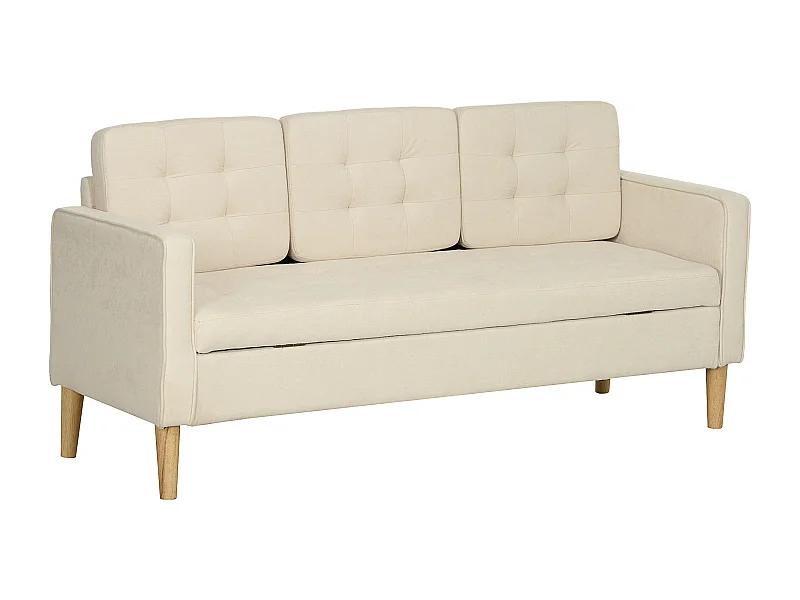 Divano a 3 posti con contenitore, gambe in legno, tessuto in velluto, bianco (166,5x62x82 cm)