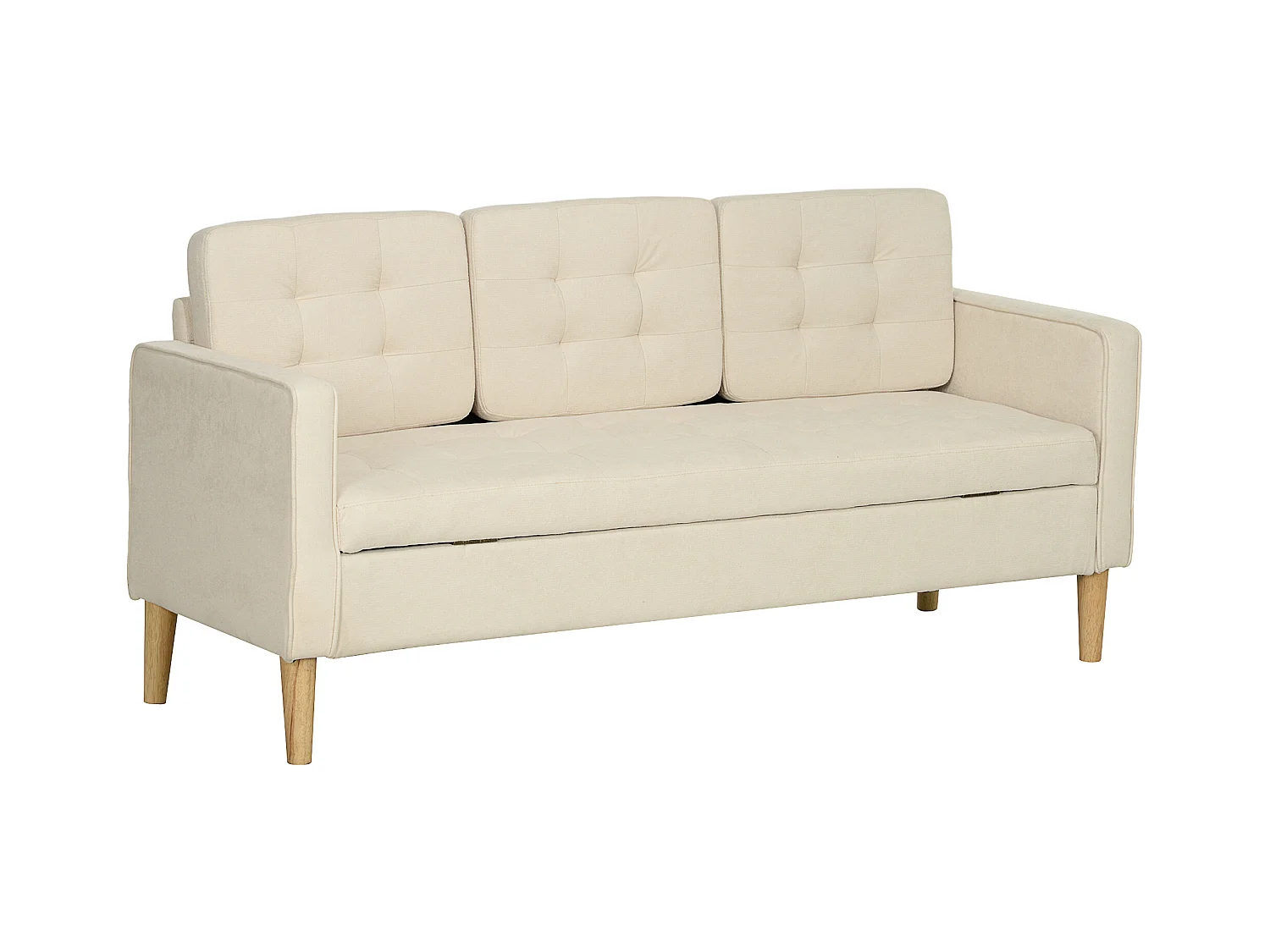 Canapé 3 places avec rangement, pieds en bois, tissu velours, blanc (166.5x62x82 cm)